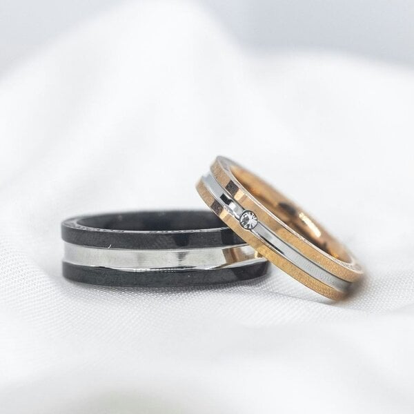 The Colourful Aura Stainless Steel Couple Black Rose Gold Wedding Band Promise Ring Set