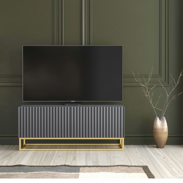 Mex Furniture Grey TV Unit with Gold Base 100cm – Fluted Fronts & Push-Down Doors