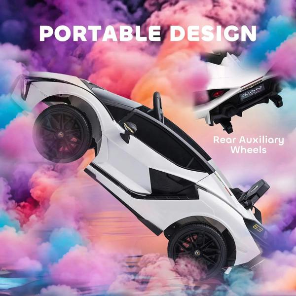 White and black kids electric ride-on car rear view showing auxiliary rear wheels.