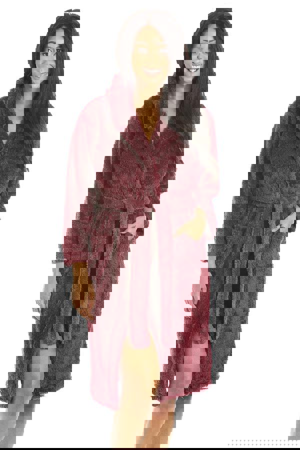 Camille Womens Burgundy Supersoft Fluffy Fleece Hooded Robes