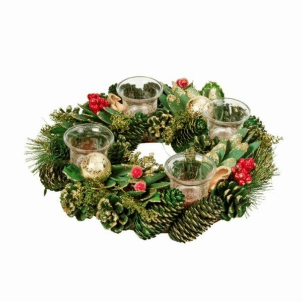Samuel Alexander 33cm Christmas Bauble Quartet Candle Holder with Pinecones and Red Berries