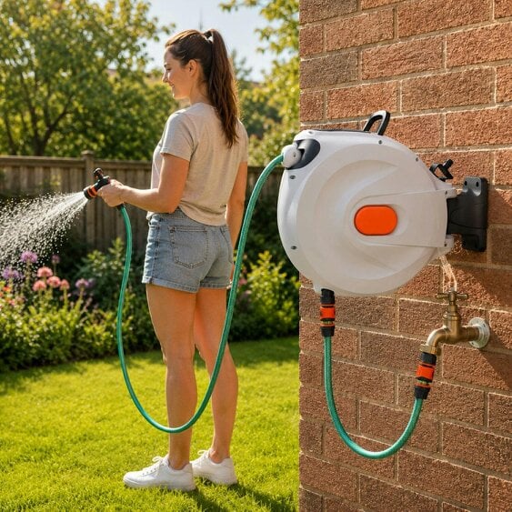 Neo Direct 30m Retractable Garden Hose Reel Wall Mounted 180° Swivel Bracket 8 Spray