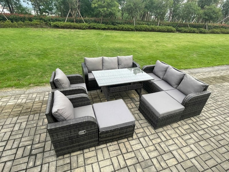 Fimous Patio Rattan Garden Furniture Set with Oblong Rectangular Dining Table 10 Seater Outdoor Lounge Sofa Set Dark Grey Mixed