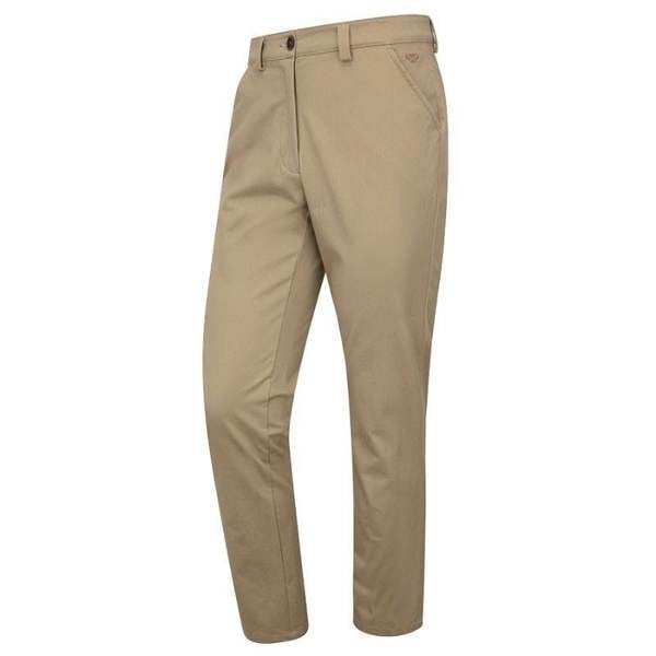 Hoggs of Fife Carnoustie chino trousers in beige angled front view showing slim fit and stretch cotton design