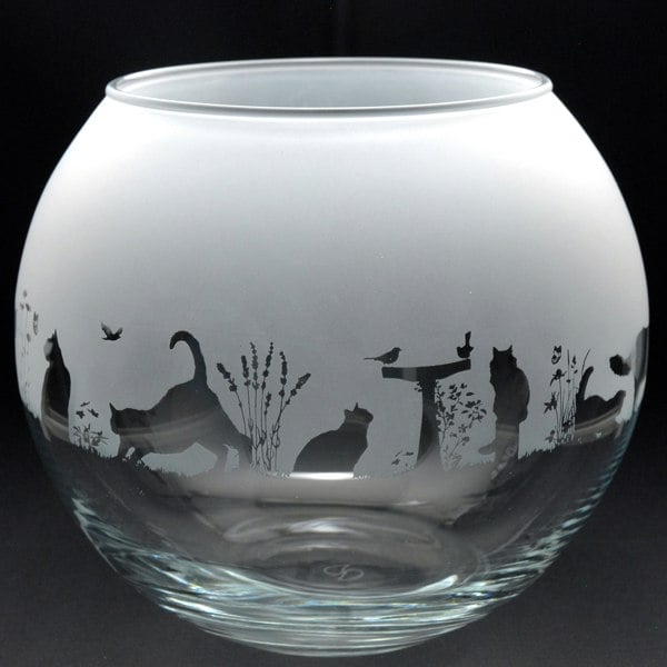 Glyptic Glass Art Cat Glass Flora Bowl Vase - Hand Etched/Engraved Gift