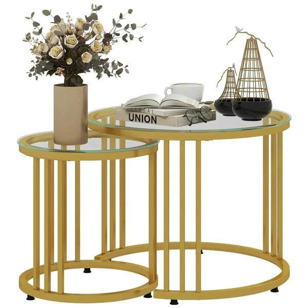 Gold round nesting coffee table set of 2 with tempered glass tops and steel frames