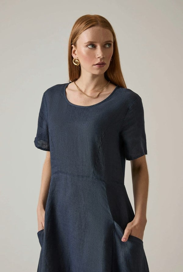 Navy linen midi dress with side pockets