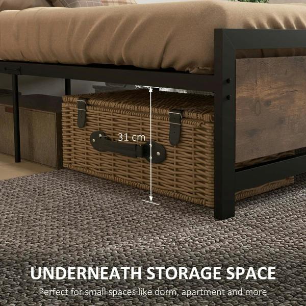 Single metal bed frame with headboard and footboard, black frame and rustic brown storage panels