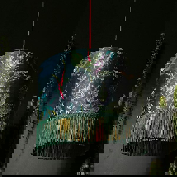 Handmade Fringed Velvet Lampshade with Gold Lining in Wild Wood Green and Hunter Green Fringing