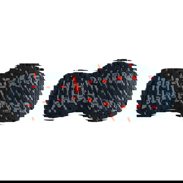 Scruffs Argon Mens Safety Bungee Lace Lightweight Composite Trainers, shoe sole with traction pattern in black, gray, and red accents.