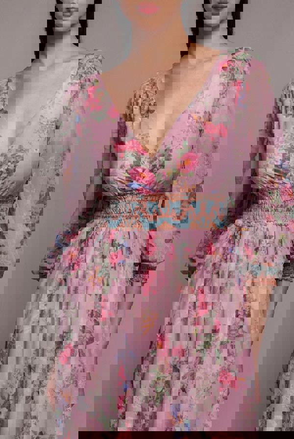 Chiffon Wrap Border Floral Print Maxi Dress - Pink DR4394