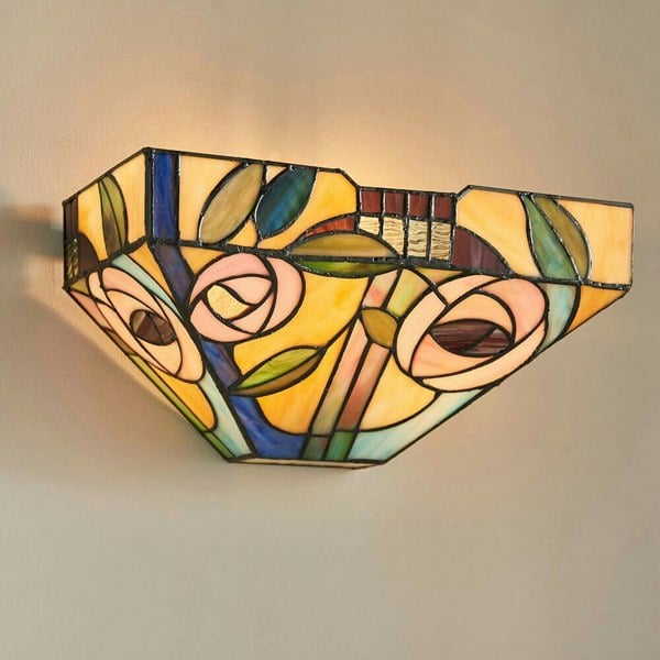 Tiffany Glass Wall Light Multi Colour Mackintosh Rose Shade Interior Sconce Loops