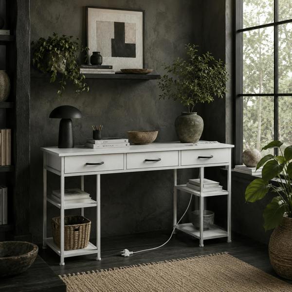Wyld Haus Riba 120cm Wooden White Home Office Desk With Power Sockets 3 Fabric Drawers And Storage Shelves 120 cm