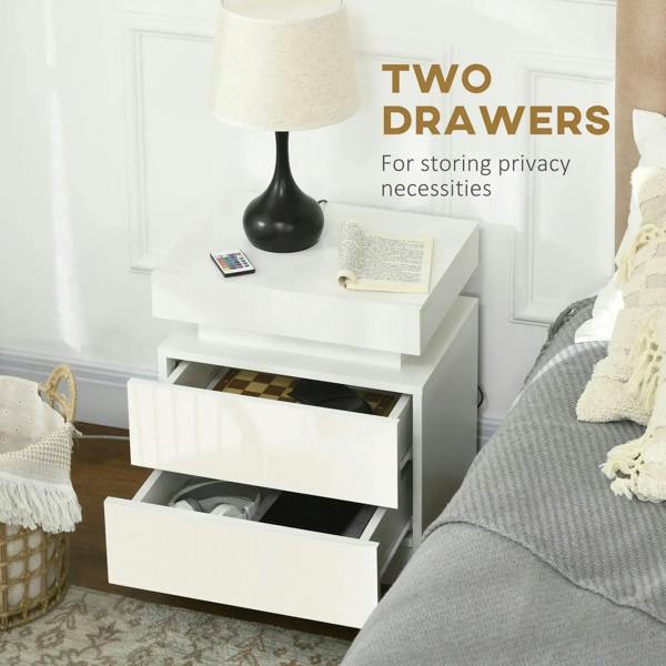 White two-drawer bedside table with open drawers for storage and privacy