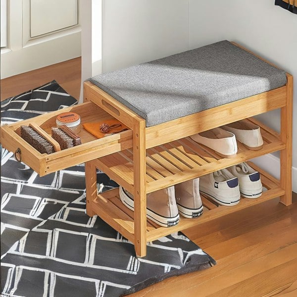 Rafaelo Mobilia Bamboo Shoe Storage Bench With Hidden Drawer & Cushioned Seat