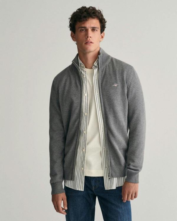 GANT Mens Casual Cotton Zip Cardigan - 92 Dark Grey Melange - CHO - Designer Mens Cardigans