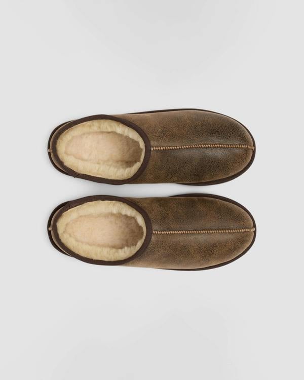 Oliver Sweeney Yaxley Mens Leather Shearling Mule Slippers - Olive Brown | CHO | Designer Mens Slippers