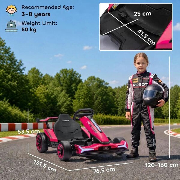 24V Electric Go Kart for Kids 6-12 Years with Drift Mode, Adjustable Seat, 3 Speed, Slow Start, Pink