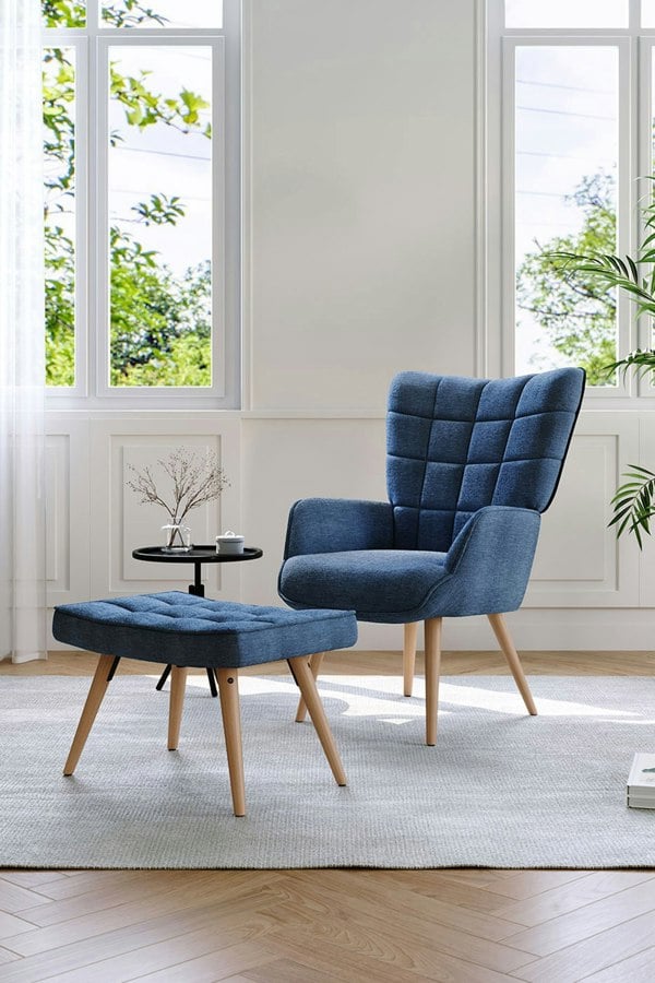 Living and Home Dark Blue Tufted Armchair with Footstool
