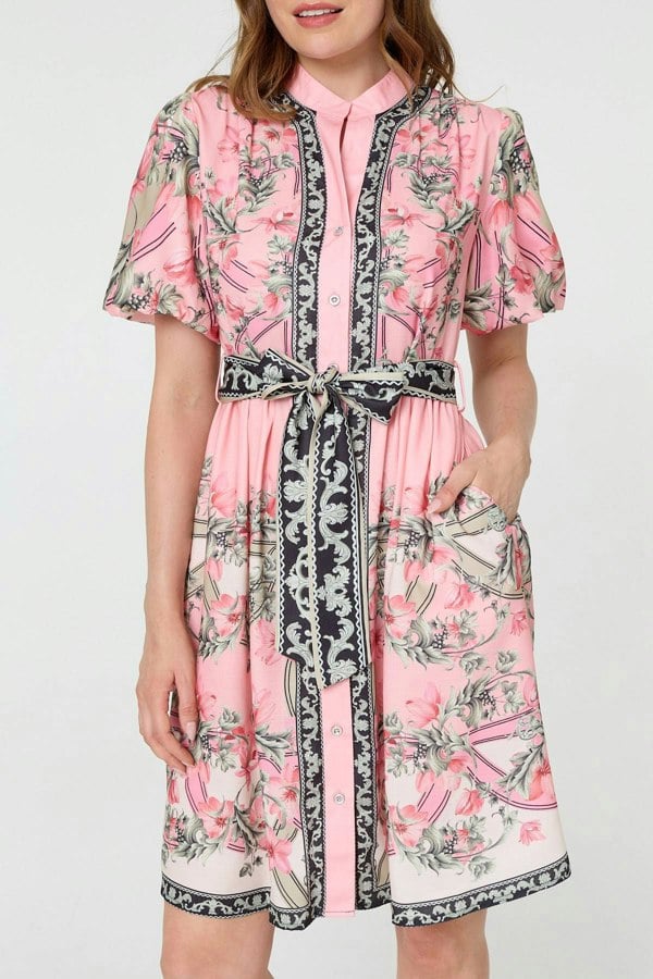 Pink | Border Print Tie Waist Short Dress
