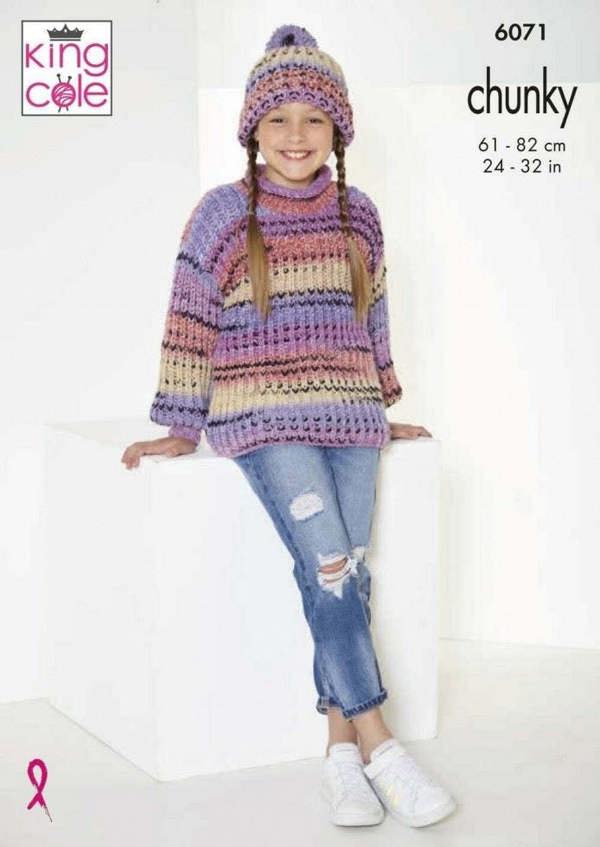 King Cole Safari Chunky Knitting Pattern 6071, Sweaters, Cardigans, Headwear for Kids, 24 - 32 Inches