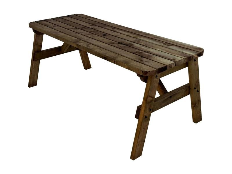 Victoria Rounded Wooden Garden Table Made From High Quality Timber In Rustic Finish, Featuring A Solid Rectangular Tabletop And Sturdy Wooden Leg Frame, Perfect As An Outdoor Dining Table.