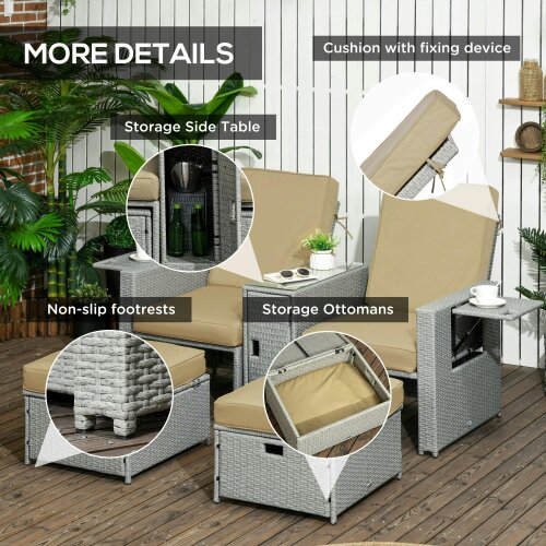 Wyld Haus Luva Faux Rattan Grey and Beige 5 Piece Adjustable Sun Lounger Set With Storage Table And Footstools