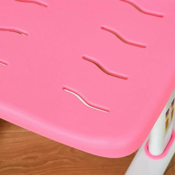 Pink desk tabletop with smooth rounded edge and adjustable writing surface