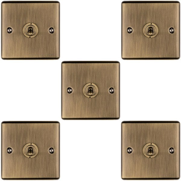 5 PACK 1 Gang Single Retro Toggle Light Switch ANTIQUE BRASS 10A 2 Way Plate