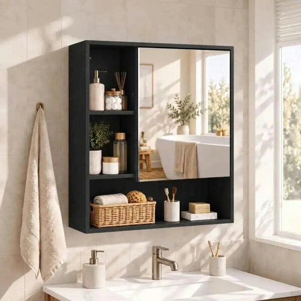 Bathroom Mirror Cabinet, Wall-Mounted Bathroom Cabinet with Mirror Door, Adjustable Shelves, Black - Black