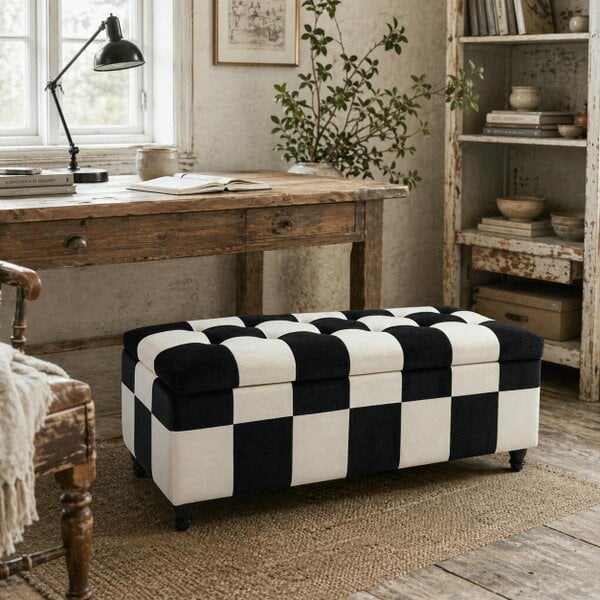 Wyld Haus Tava Velvet Black and White Storage Bench With Wooden Legs For Bedroom
