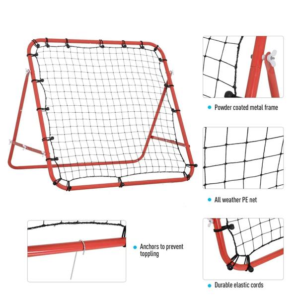 Red kickback goal rebounder with black mesh net, powder-coated frame, and anchor points