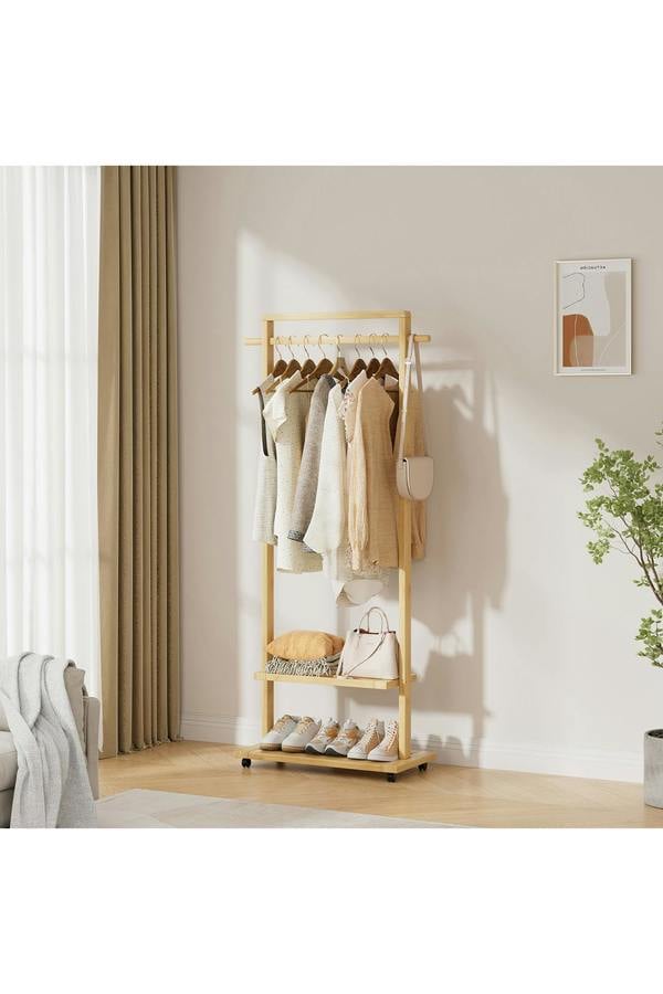 Living and Home Bamboo Rolling Clothes Garment Rack with 2-tier Shelves & Wheels - Natural