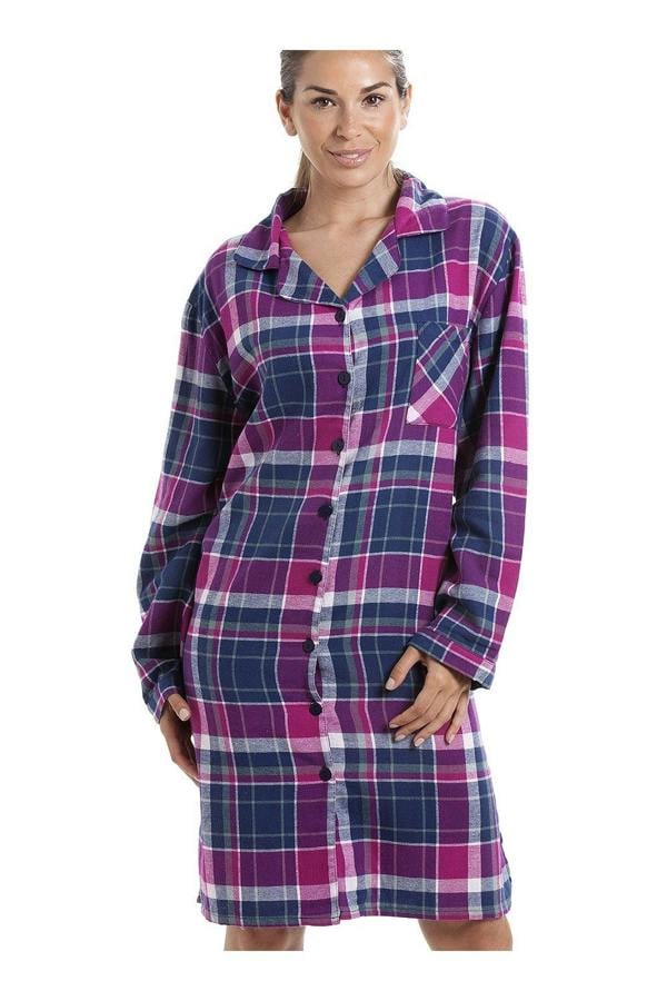 Navy Checkered Long Sleeve Button Front Nightshirt