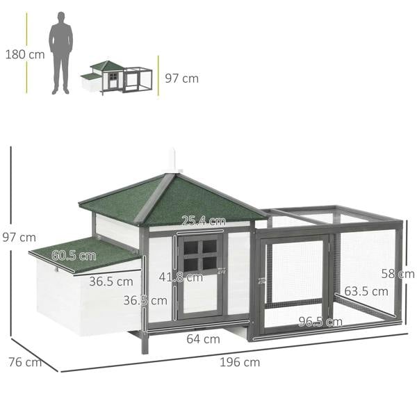 Grey chicken coop with nesting box and enclosed run, green roof and white side panels.