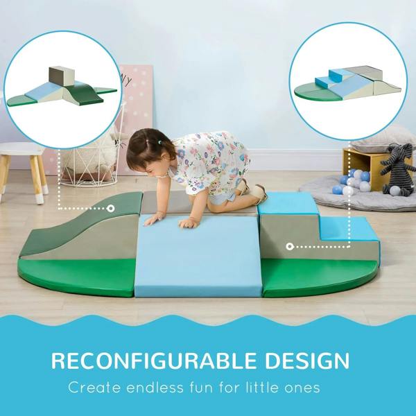 Multicolored foam play set arranged on floor with curved ramp and blocks