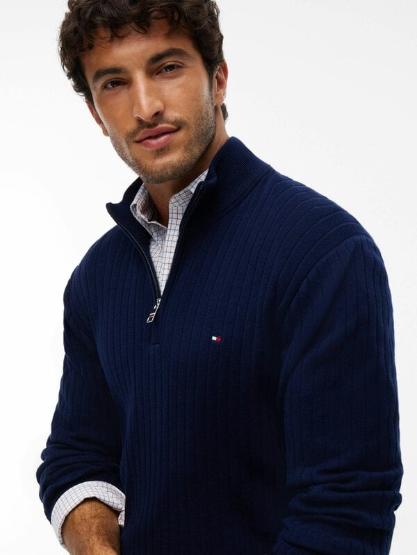 Tommy Hilfiger Wide Rib-Knit Mens Quarter-Zip Jumper - Carbon Navy