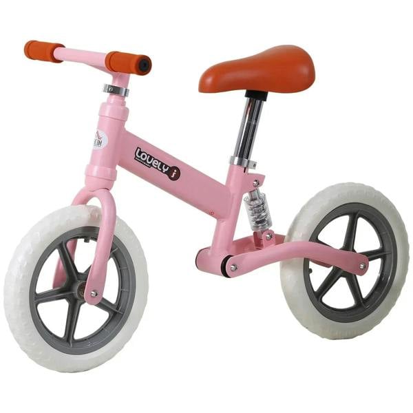 Pink 12-inch kids balance bike with EVA tires, adjustable seat, and brown handle grips