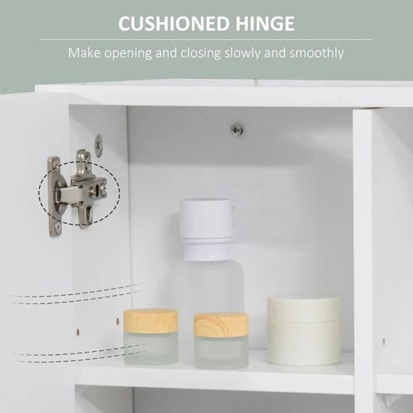 White bathroom cabinet cushioned hinge with mounting hardware on side panel