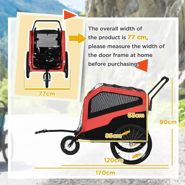 Red and black pet bike trailer side view with front door and attached hitch frame