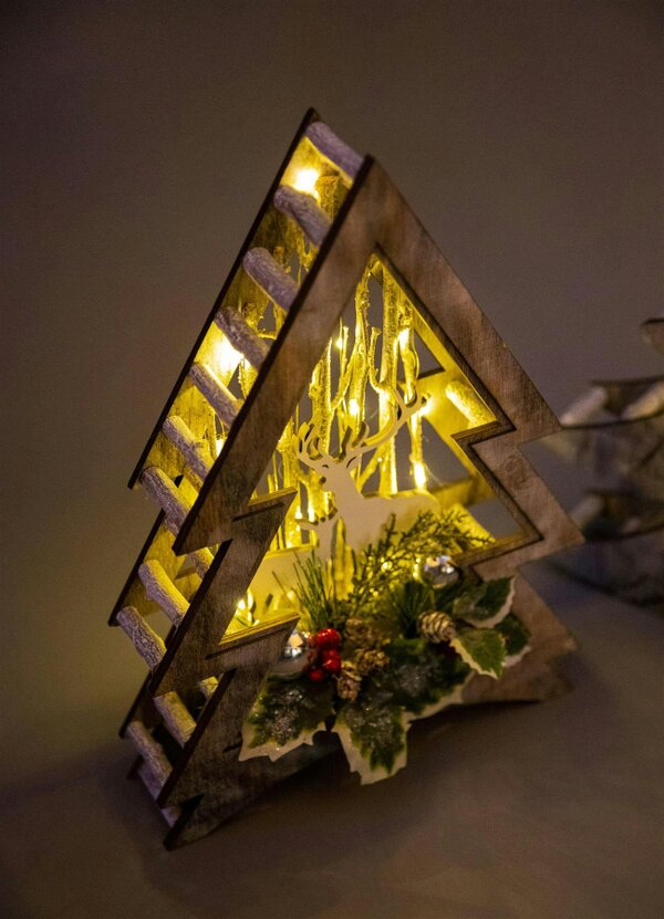 Shatchi 38cm and 48cm Wooden LED Reindeer Scene Christmas Tree Tabletop Decorations with Warm White Micro Rice Lights