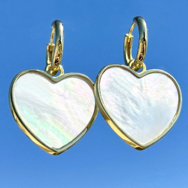 Gold vermeil heart charm hoops by LENAE London, mother-of pearl detachable earrings.