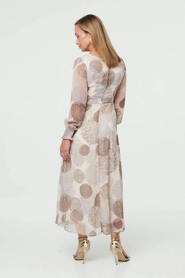 Beige | Printed Long Sleeve Layered Midi Dress