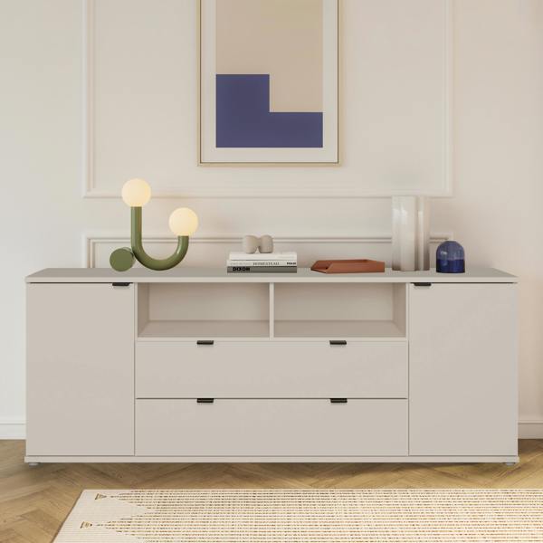 Furniture To Go Ganymede Wide TV Unit with Open Shelving, 2 Drawers & 2 Doors in Sand