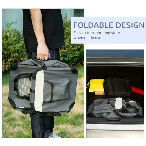 Foldable grey pet carrier being carried, with mesh doors and straps for storage.
