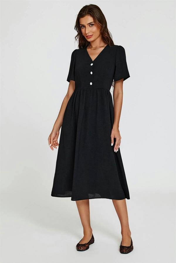 FS Collection Button Front Midi Dress In Black