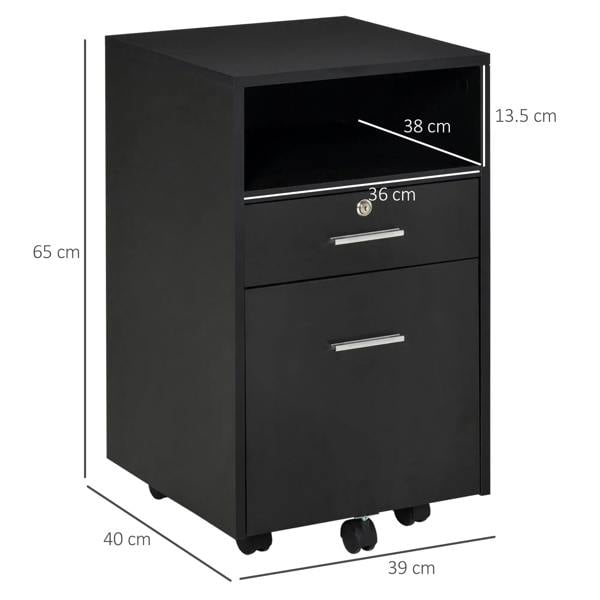 Black two-drawer filing cabinet on wheels with pull handles