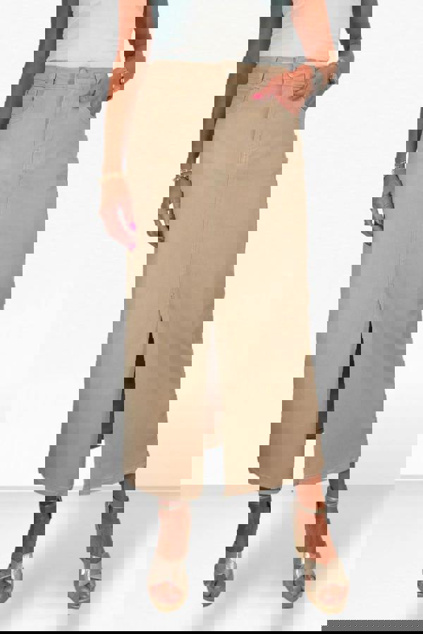 Paulo Due Women's Front Split Maxi Skirt Stretch Twill