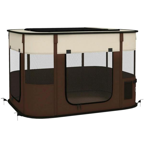 Brown foldable dog playpen with mesh sides and zippered door windows