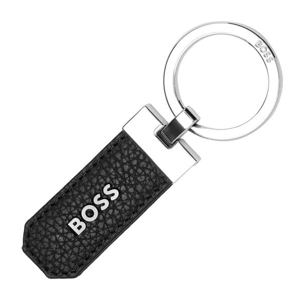 Boss Logo Grain Leather Polished Keyring - Black - 